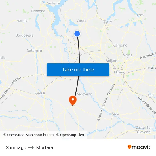 Sumirago to Mortara map