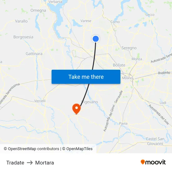 Tradate to Mortara map