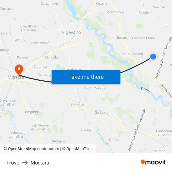 Trovo to Mortara map