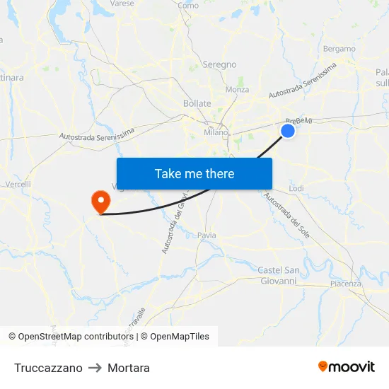 Truccazzano to Mortara map