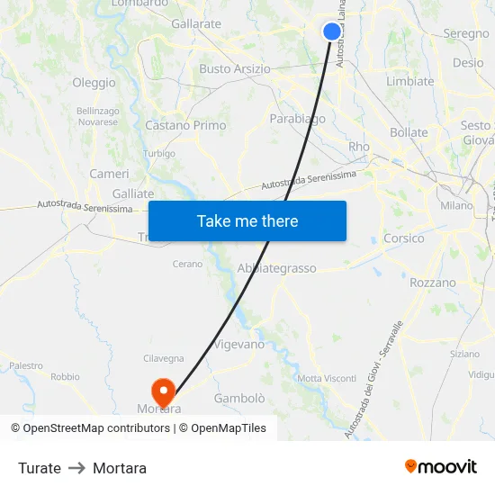 Turate to Mortara map