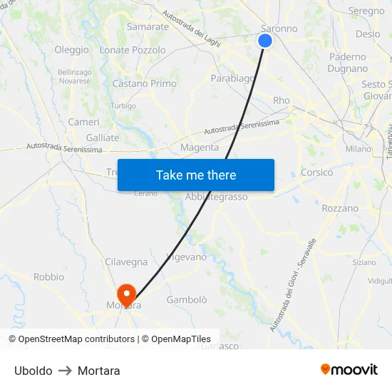 Uboldo to Mortara map