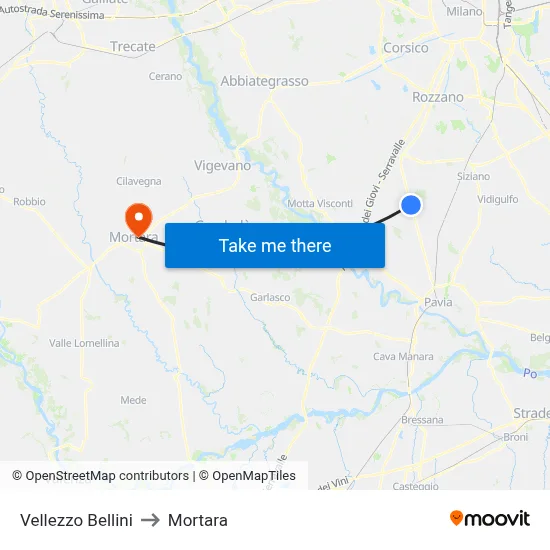 Vellezzo Bellini to Mortara map