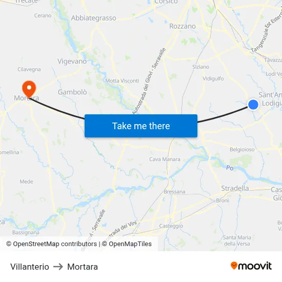 Villanterio to Mortara map