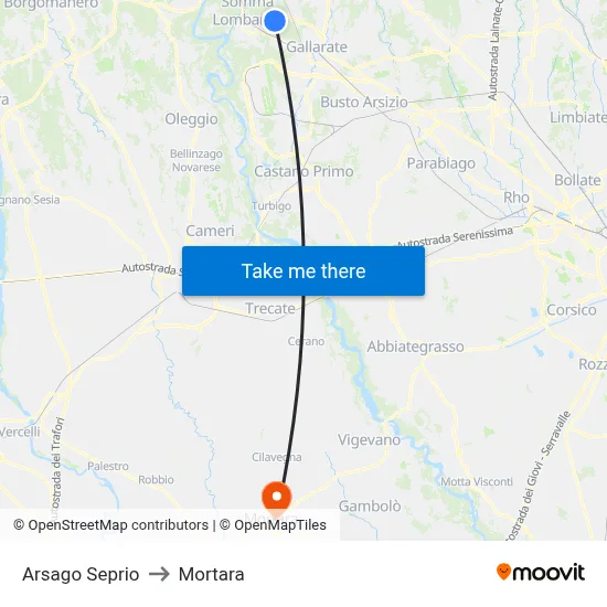 Arsago Seprio to Mortara map