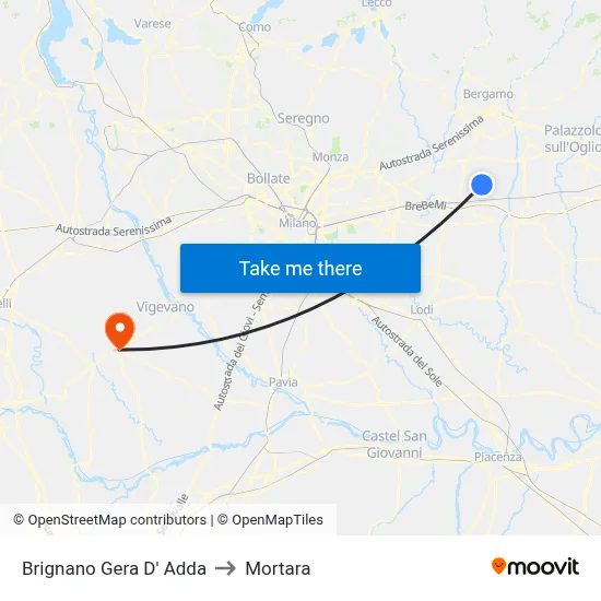 Brignano Gera d'Adda to Mortara map