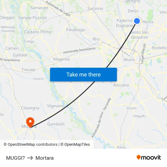 Muggiò to Mortara map