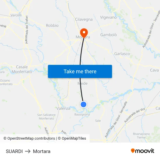 Suardi to Mortara map