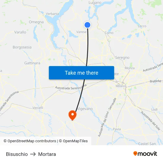 Bisuschio to Mortara map