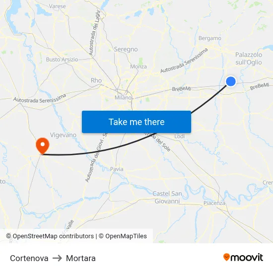 Cortenova to Mortara map
