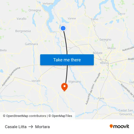 Casale Litta to Mortara map