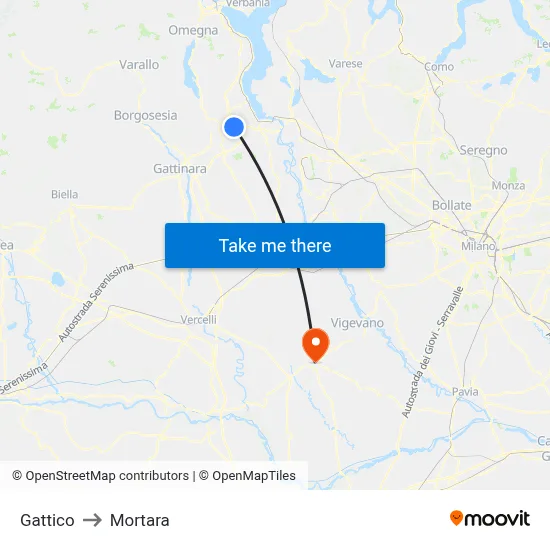 Gattico to Mortara map