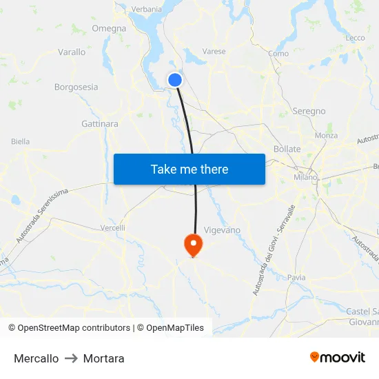 Mercallo to Mortara map