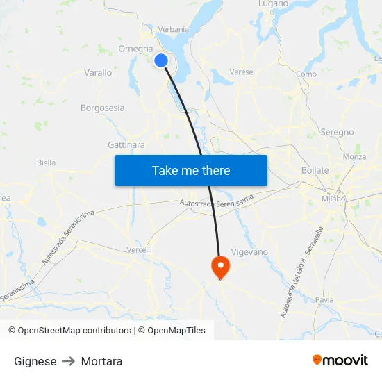 Gignese to Mortara map