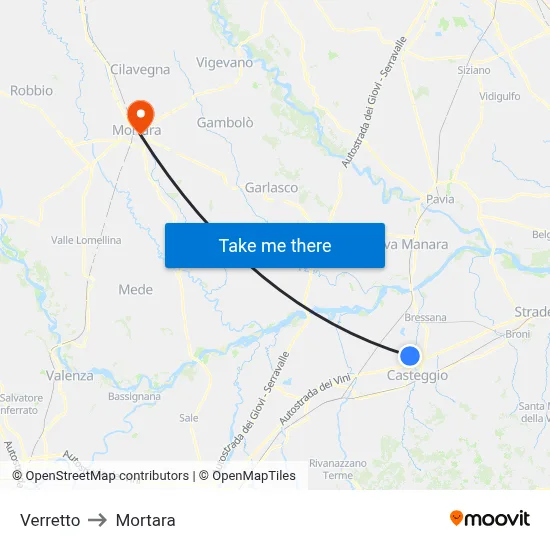 Verretto to Mortara map