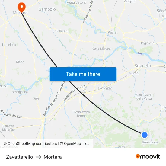 Zavattarello to Mortara map