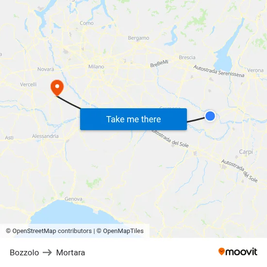Bozzolo to Mortara map