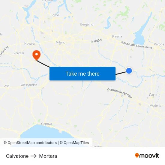 Calvatone to Mortara map