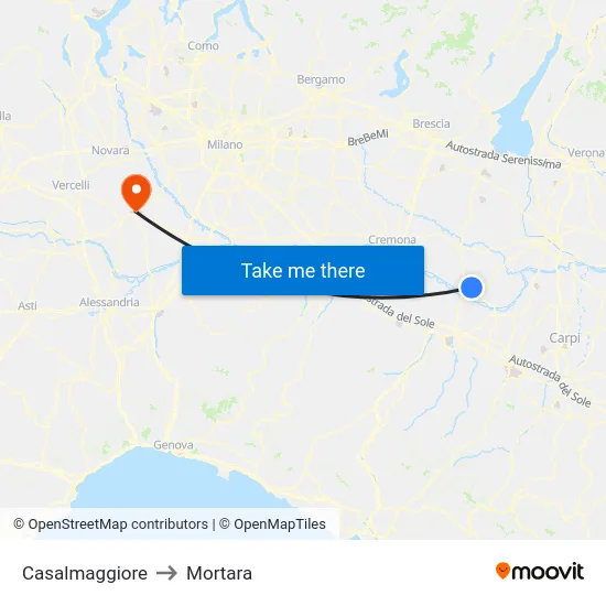 Casalmaggiore to Mortara map