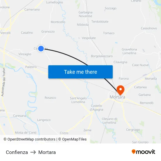 Confienza to Mortara map
