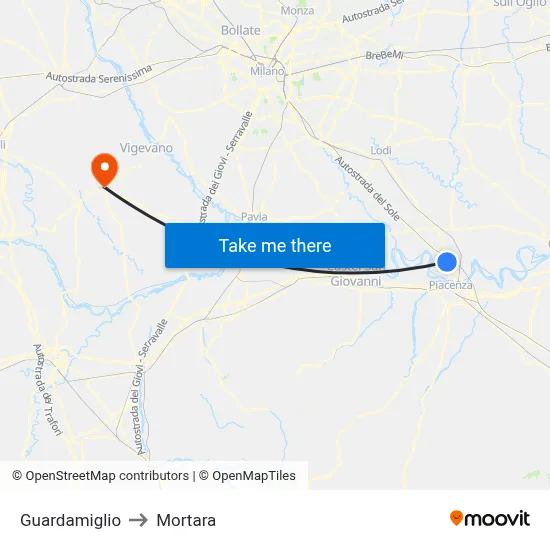 Guardamiglio to Mortara map