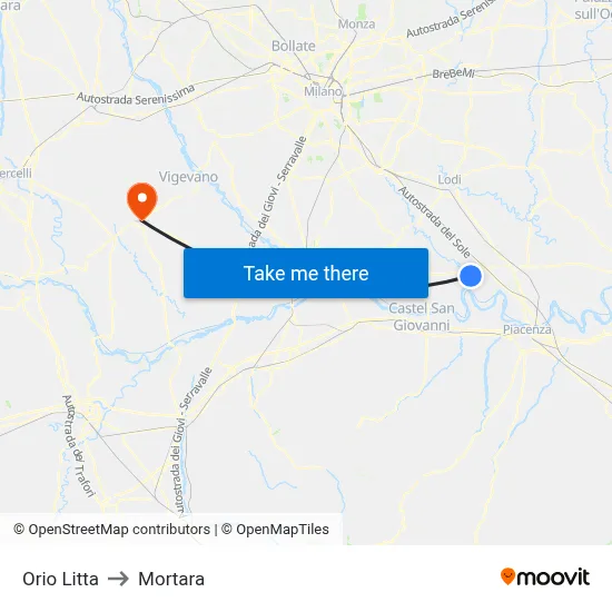 Orio Litta to Mortara map