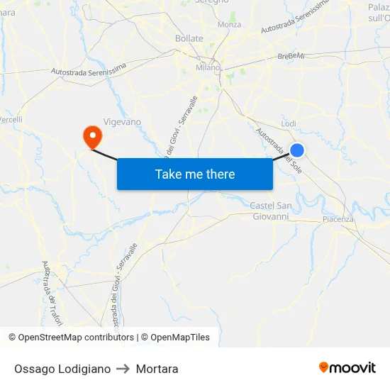 Ossago Lodigiano to Mortara map