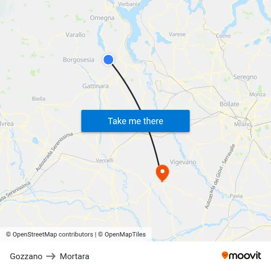 Gozzano to Mortara map