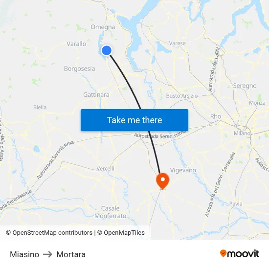 Miasino to Mortara map