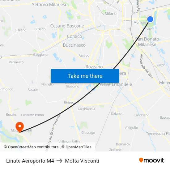 Linate Airport M4 to Motta Visconti map