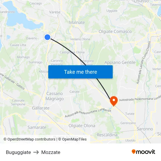 Buguggiate to Mozzate map