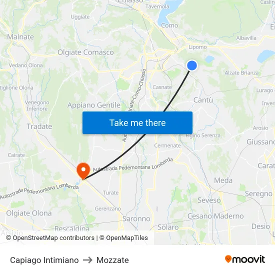 Capiago Intimiano to Mozzate map