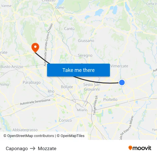 Caponago to Mozzate map