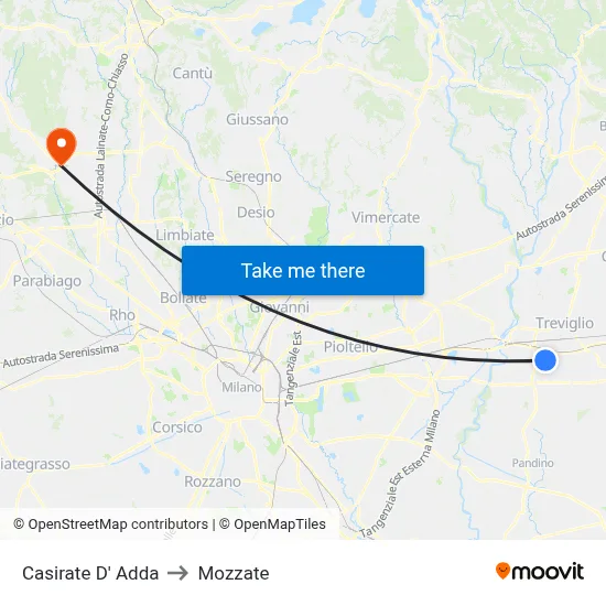 Casirate d'Adda to Mozzate map