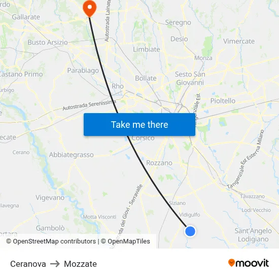 Ceranova to Mozzate map
