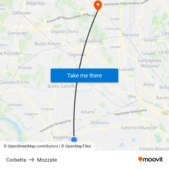 Corbetta to Mozzate map