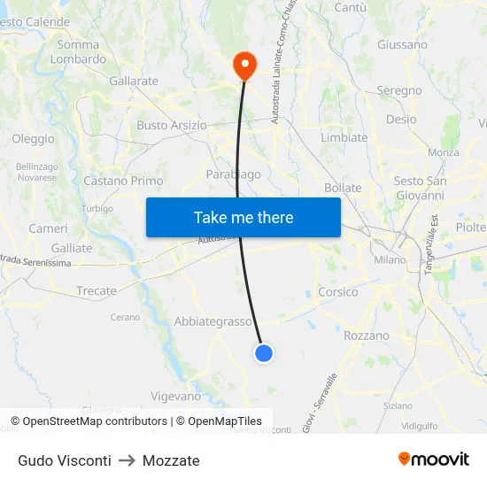 Gudo Visconti to Mozzate map