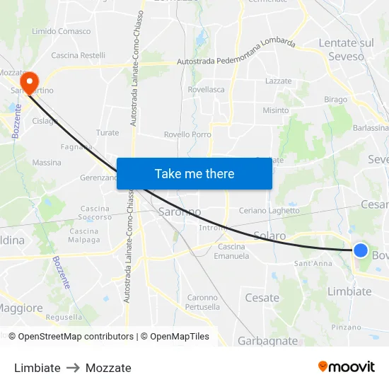 Limbiate to Mozzate map
