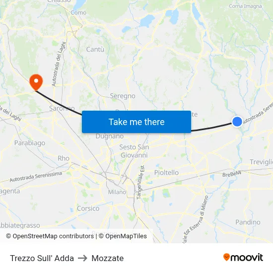 Trezzo Sull' Adda to Mozzate map