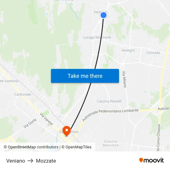 Veniano to Mozzate map