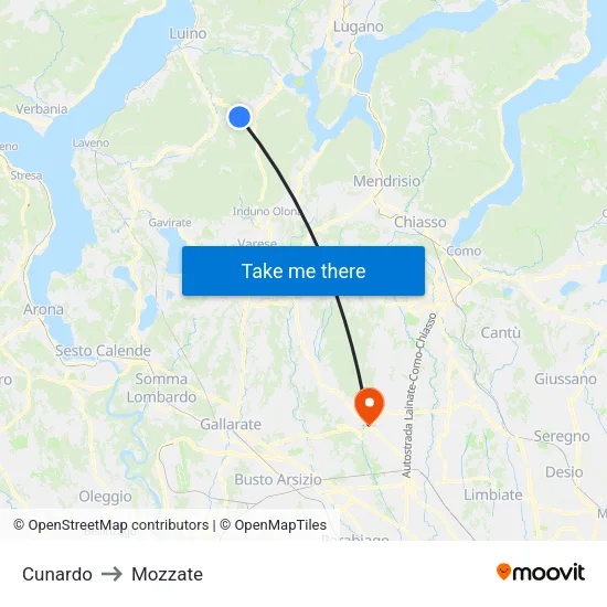 Cunardo to Mozzate map