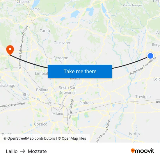 Lallio to Mozzate map