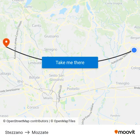 Stezzano to Mozzate map