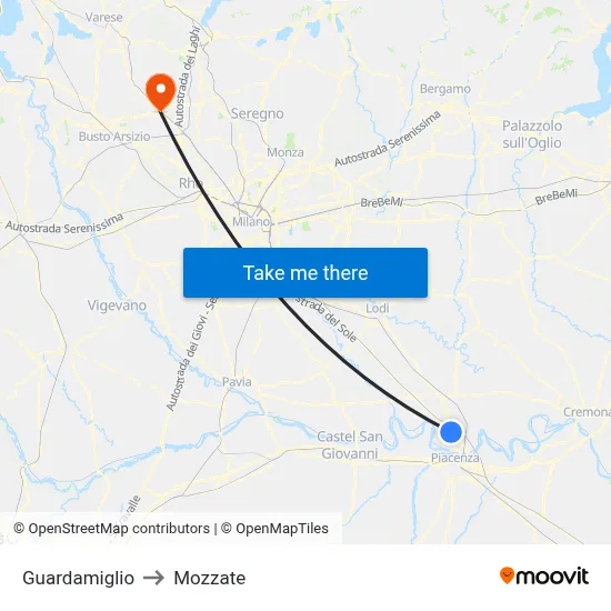 Guardamiglio to Mozzate map