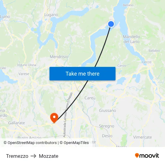 Tremezzo to Mozzate map