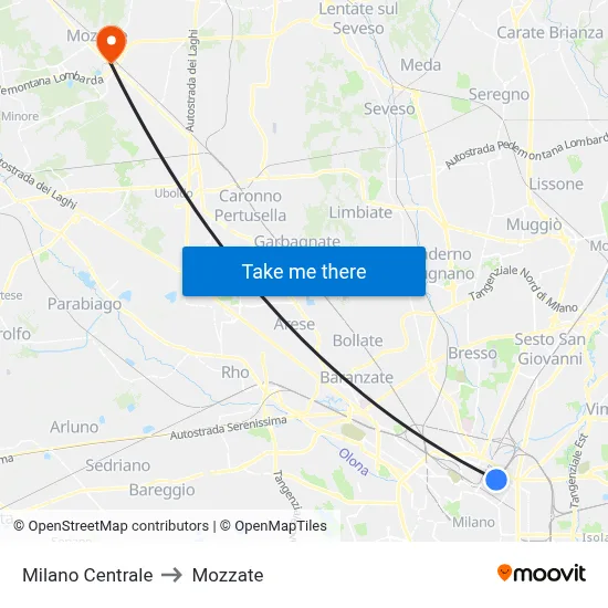 Milan Central to Mozzate map