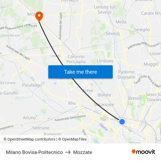 Milan Bovisa-Polytechnic to Mozzate map