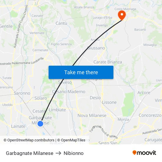 Garbagnate Milanese to Nibionno map