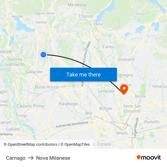 Carnago to Nova Milanese map