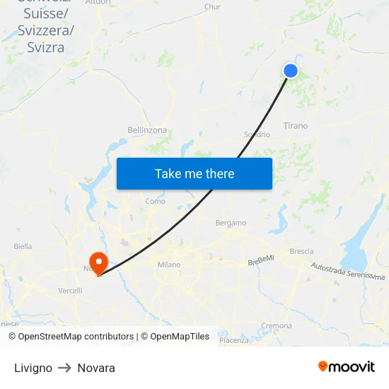 Livigno to Novara map